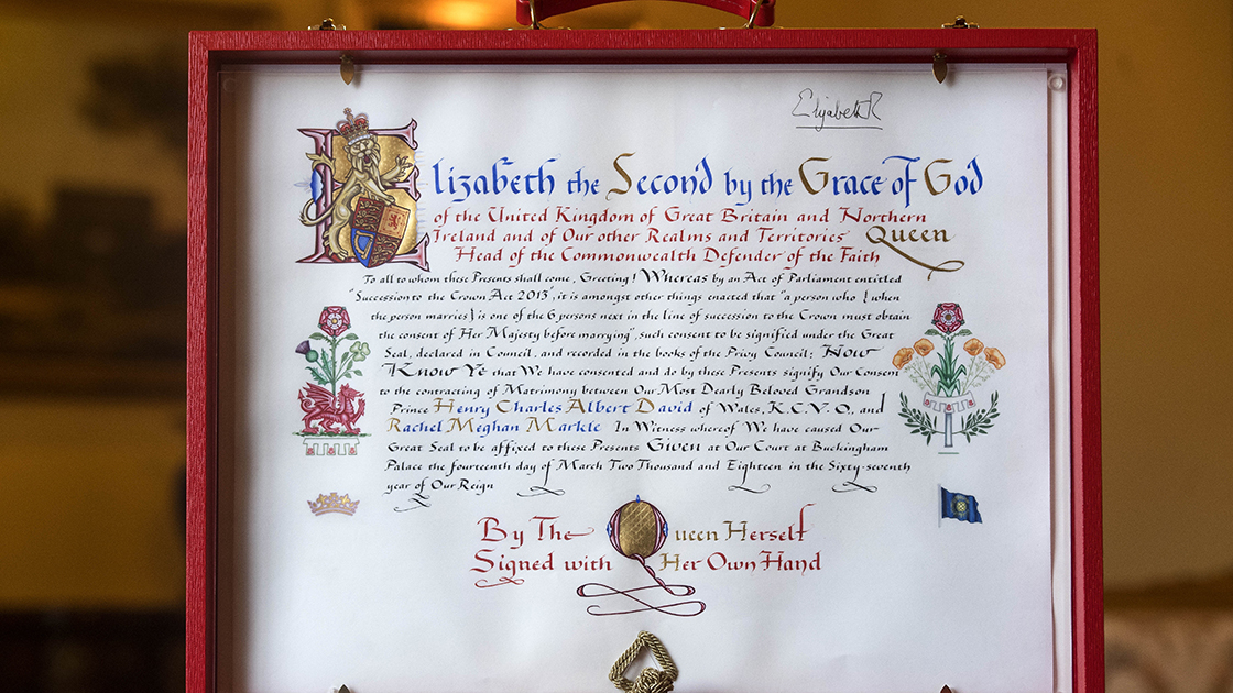 Queen Elizabeth II's signed consent to the wedding.  (Credit: Victoria Jones/AFP/Getty Images)